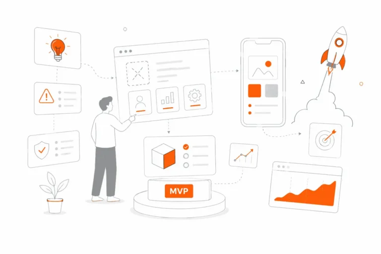 MVP development services illustration with product design, testing, and growth elements.