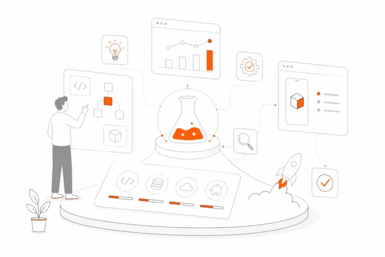 POC development services illustration with prototyping, testing, and validation elements.