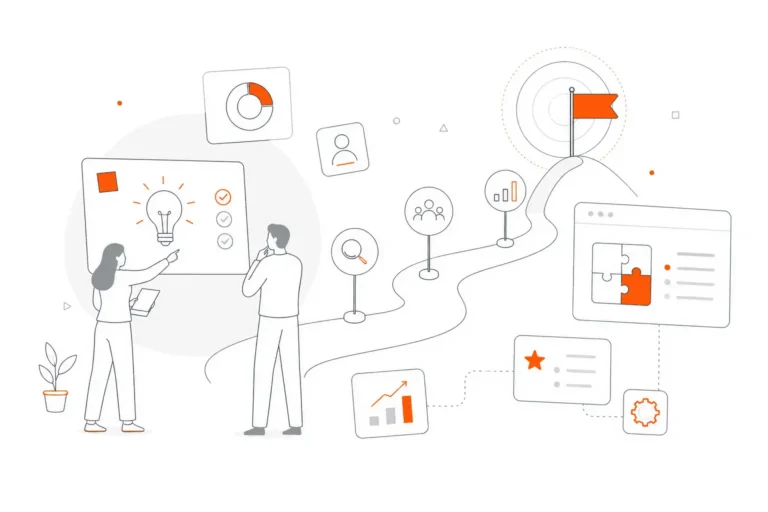 Product strategy consulting with planning, analysis, and growth roadmap icons.