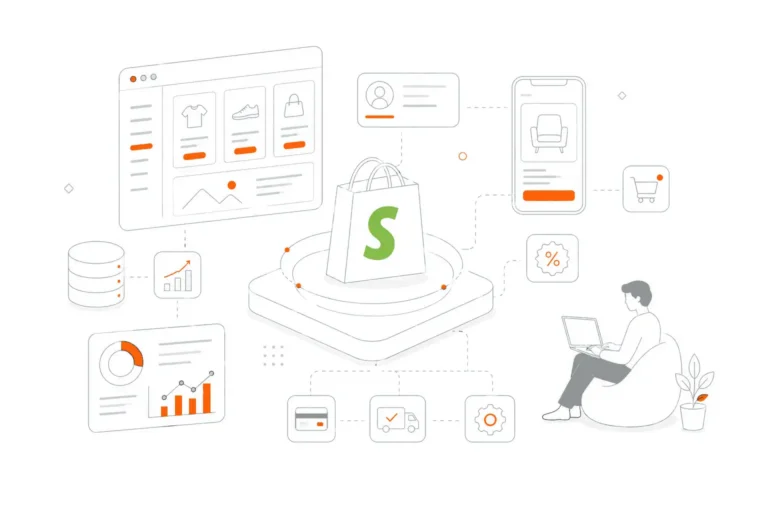 Shopify development services with eCommerce, store management, and sales analytics features.