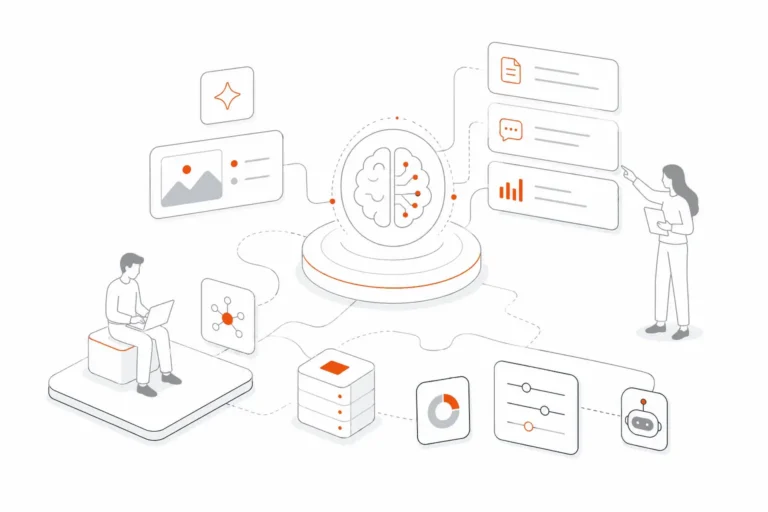 Generative AI development services with models, data flow, and intelligent automation visuals.
