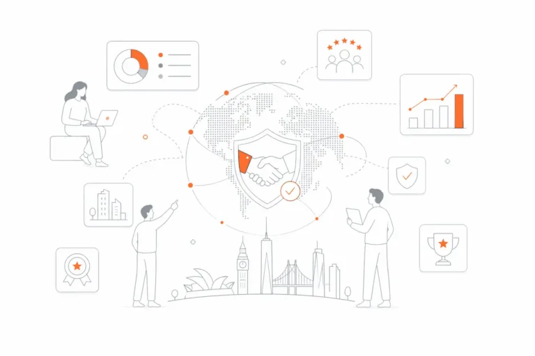 About Us illustration showing a global team, analytics, and a handshake symbolizing trust.