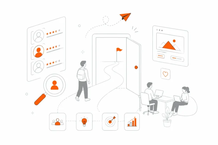 Career path illustration with growth and hiring icons.