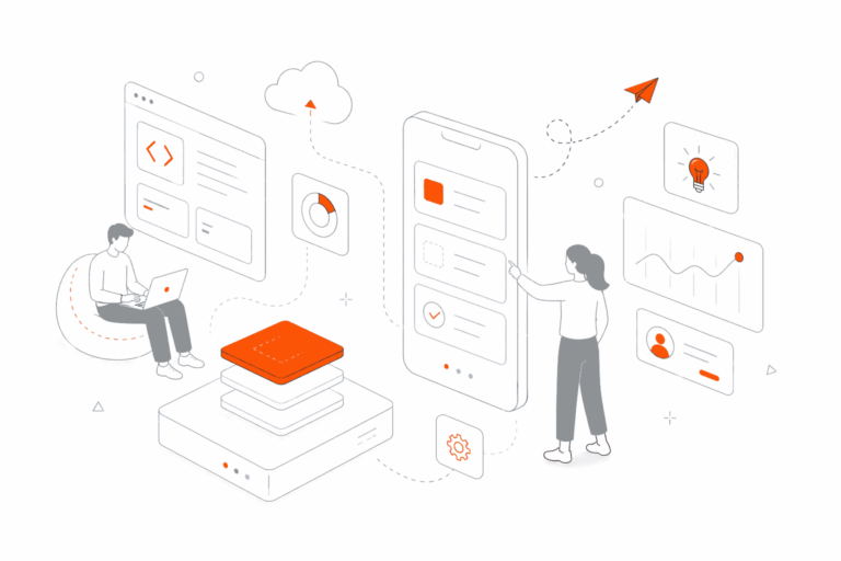 Contact Us illustration with communication, mobile interface, and support icons.