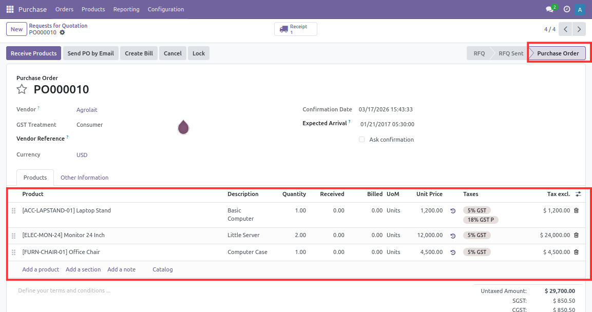 Odoo Purchase Orders